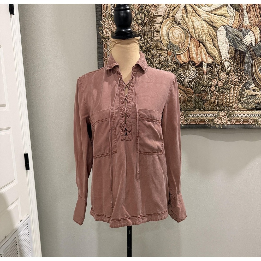 Free People Blouse Womens XS Pink Lace Up Collared Long Sleeve Tunic Top